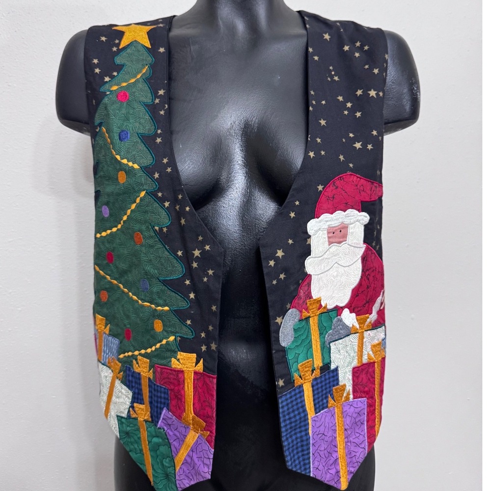 Vintage Calico Fashions Christmas Vest Womens Small‎ Santa Christmas Tree Cotton